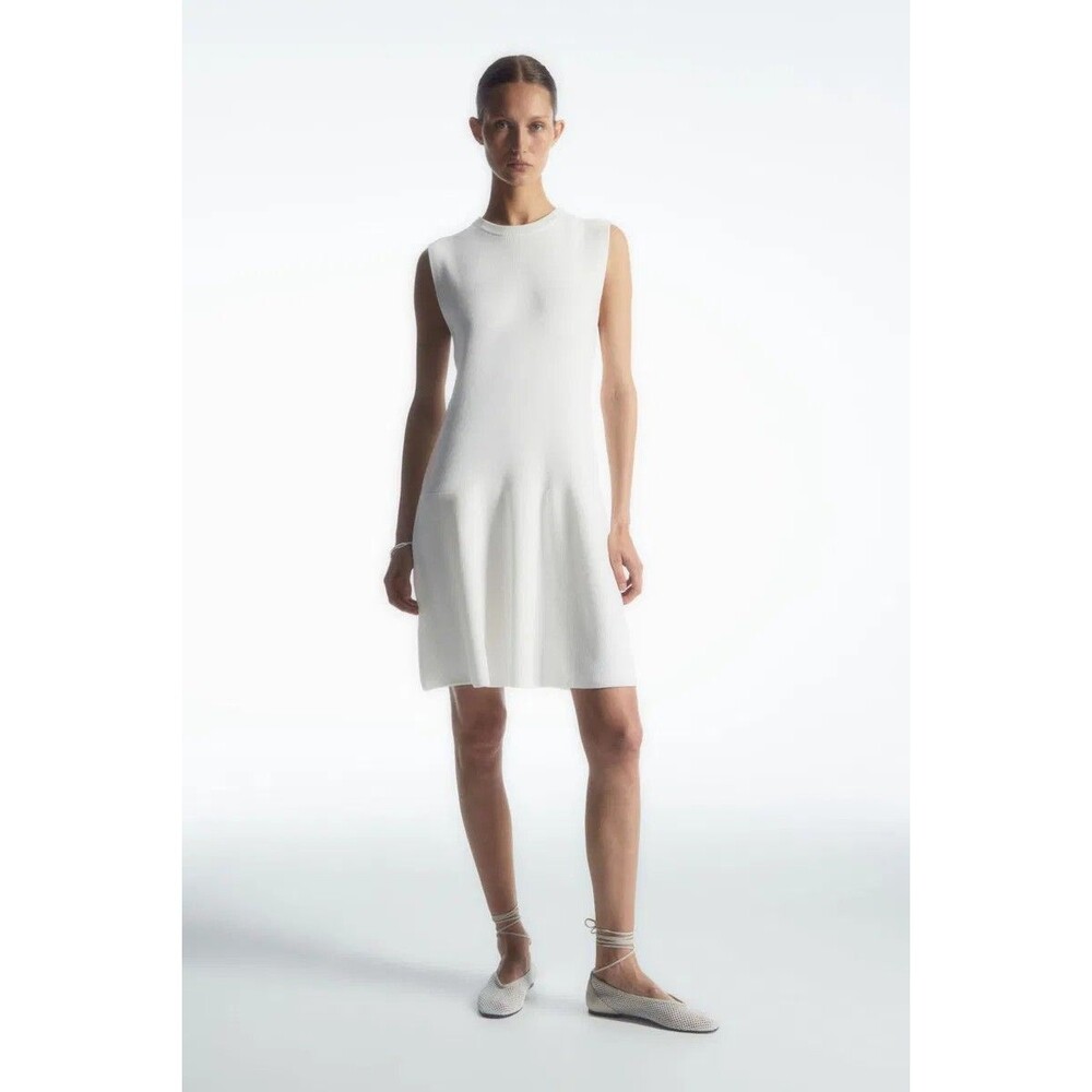COS Women's NWT White Ribbed Knit Dropped Waist Knee Length Dress Size Large